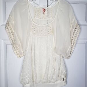 Free People lace crocheted sheer cream blouse size XS.